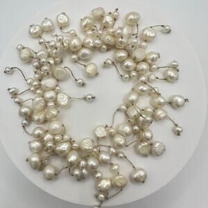 Genuine white freshwater baroque pearls stretchy fringe beaded bracelet